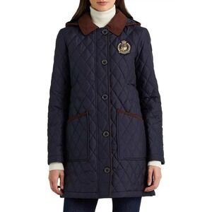 Lauren Ralph Lauren Quilted Barn Jacket Navy Blue Crest Hooded Coat Size Sz 3X